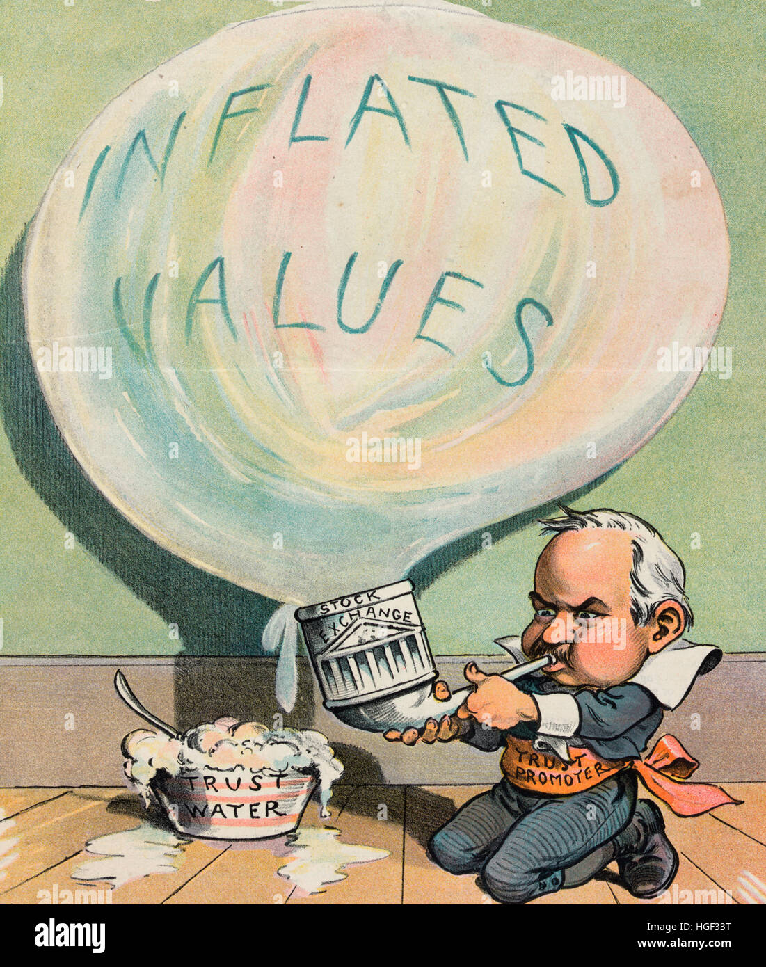 Une bulle dangereuse - Caricature politique montre un homme marqués 'trust' Promoteur une bulle de soufflage gonflés marqués 'Valeurs' avec 'trust' de l'eau et un tube étiqueté "Stock Exchange". 1902 Banque D'Images