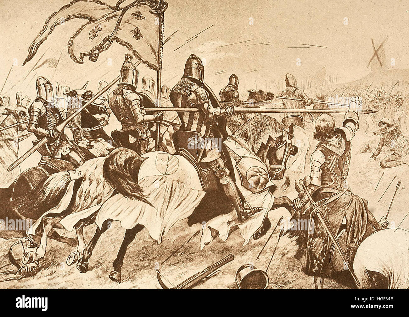L'accusation de chevaliers français contre les archers anglais lors de la bataille de Crécy, 1346, Guerre de Cent Ans Banque D'Images