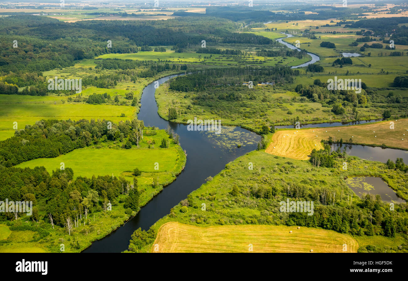 Vue aérienne, rivière Peene, Warrenzin, Plateau des lacs Mecklembourgeois, Mecklembourg-Poméranie-Occidentale, Allemagne Banque D'Images
