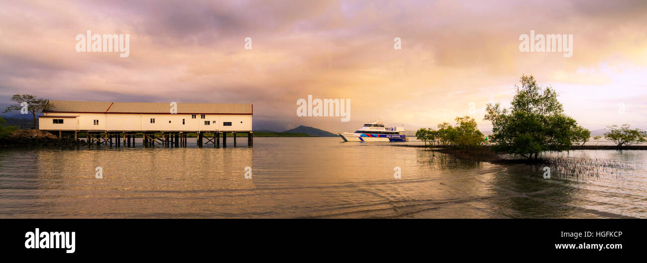 Un bateau d'excursion en passant par Port Douglas Wharf de sucre au lever du soleil. Port Douglas, Australie. Banque D'Images