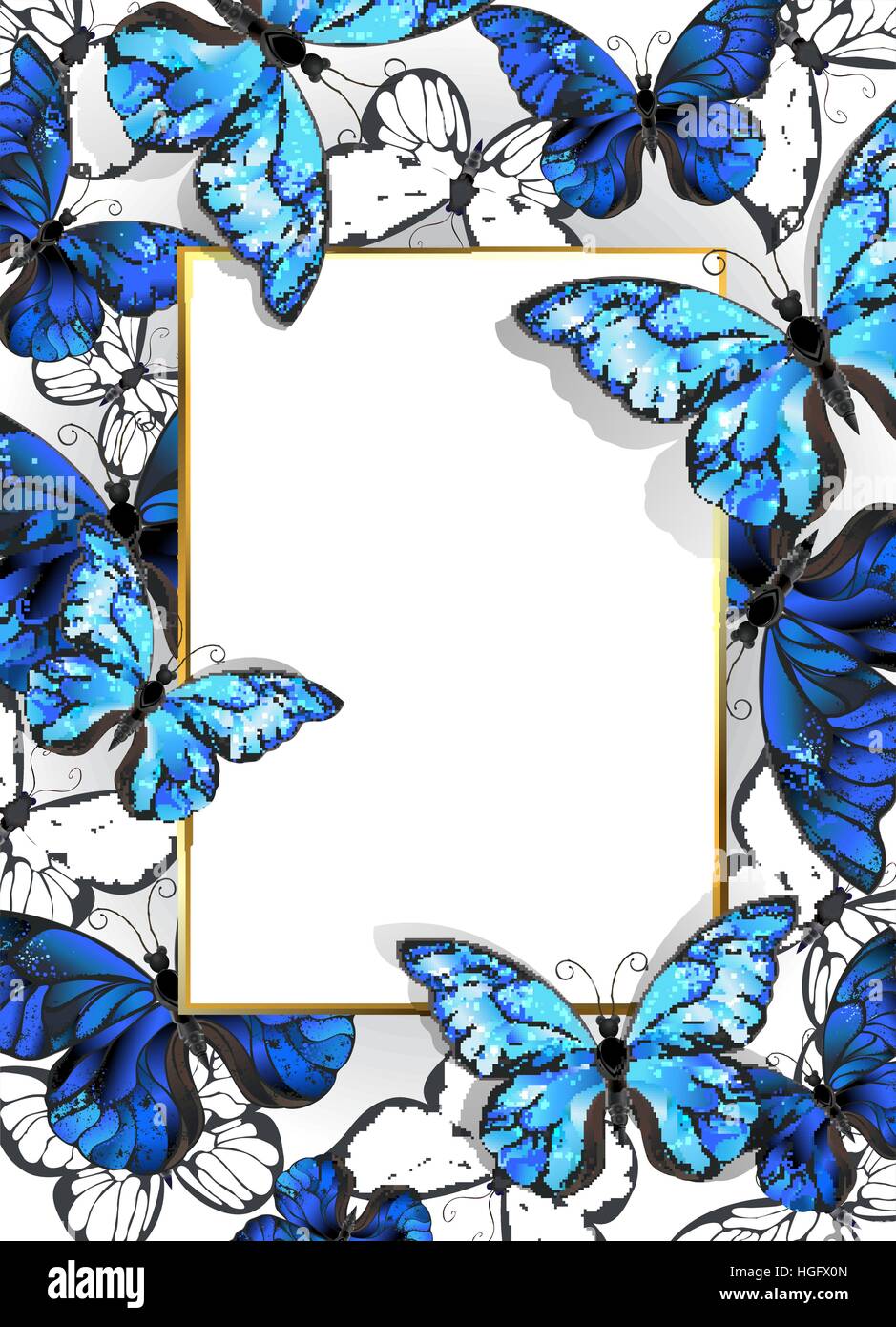 Bannière rectangulaire avec cadre or et bleu, réaliste, papillons morpho sur fond clair. Conception avec papillons bleu morpho. Illustration de Vecteur