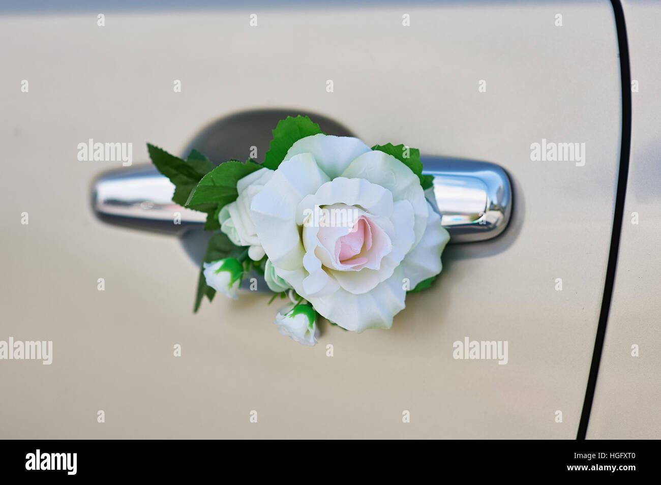 Rose blanche fleur sur la poignée d'une voiture à jour de mariage Banque D'Images