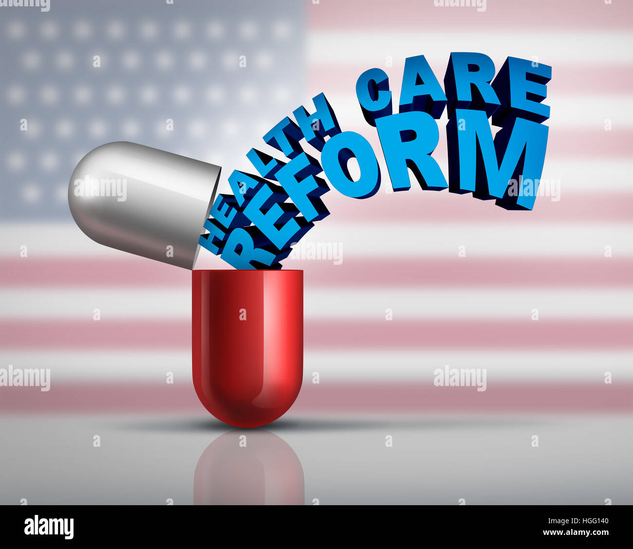 La réforme des soins de santé américain et le gouvernement fédéral d'assurance médicale en tant que symbole d'un comprimé capsule avec texte émergeant comme une métaphore pour Banque D'Images