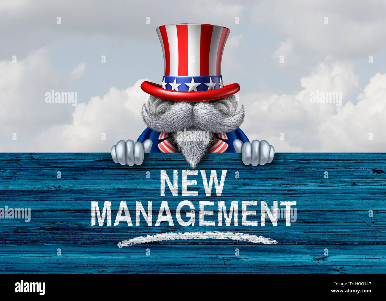 Changement de gouvernement politique américain et nouvelle administration des États-Unis comme un caractère patriotique avec un panneau avec texte avec 3D illustration eleme Banque D'Images