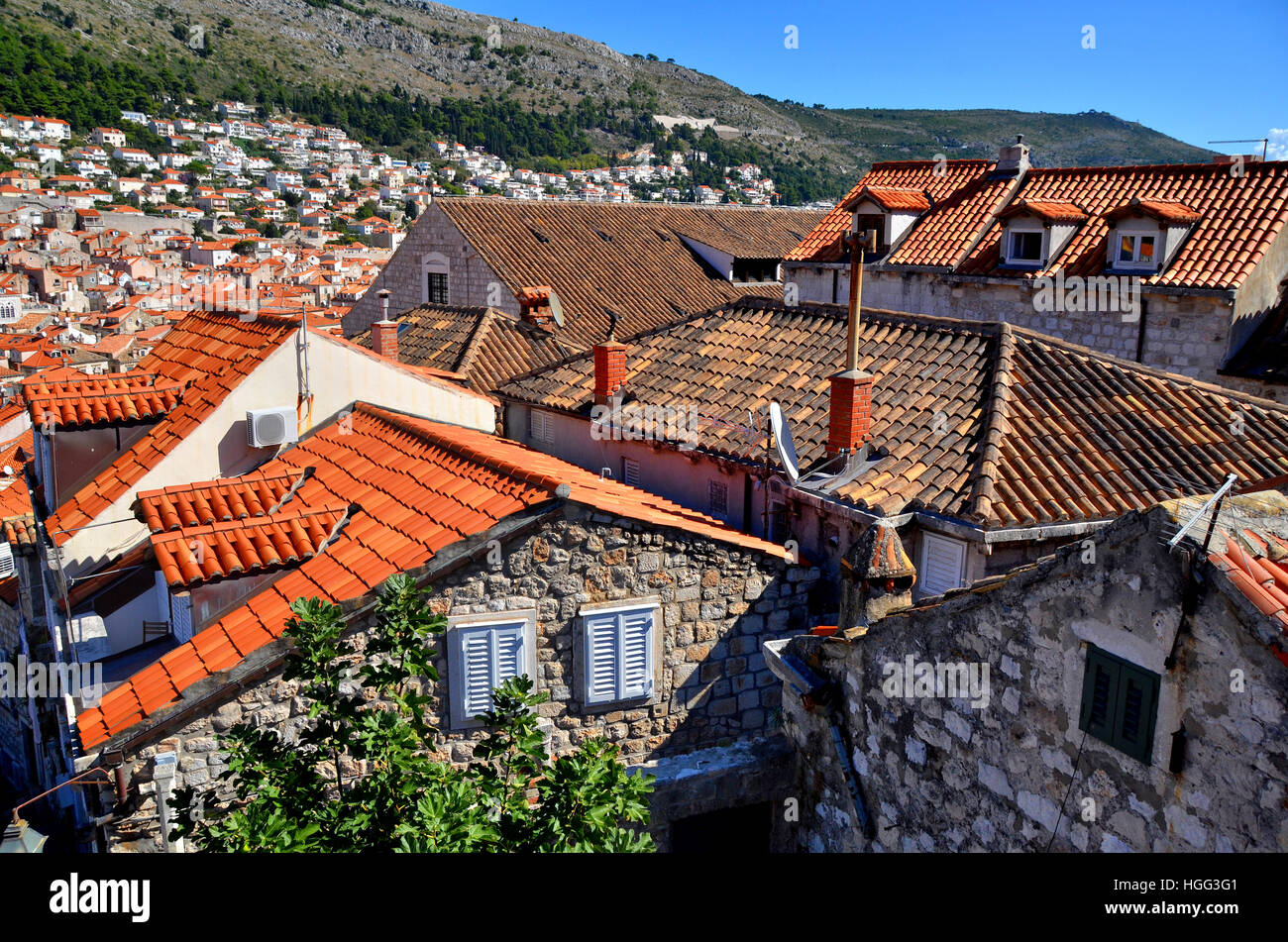 Maisons anciennes d'origine de Dubrovnik à l'encontre de la re- nouvellement reconstruite et celles au toit après la guerre dans les années 1990. Banque D'Images