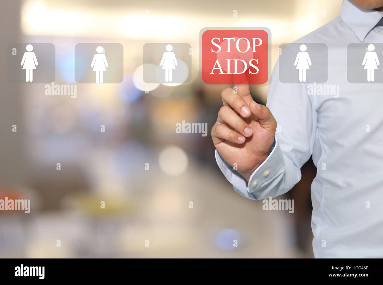 Main de businessman touch texte en STOP SIDA de l'hôpital sur fond flou,concept de relations publiques et de la campagne. Banque D'Images