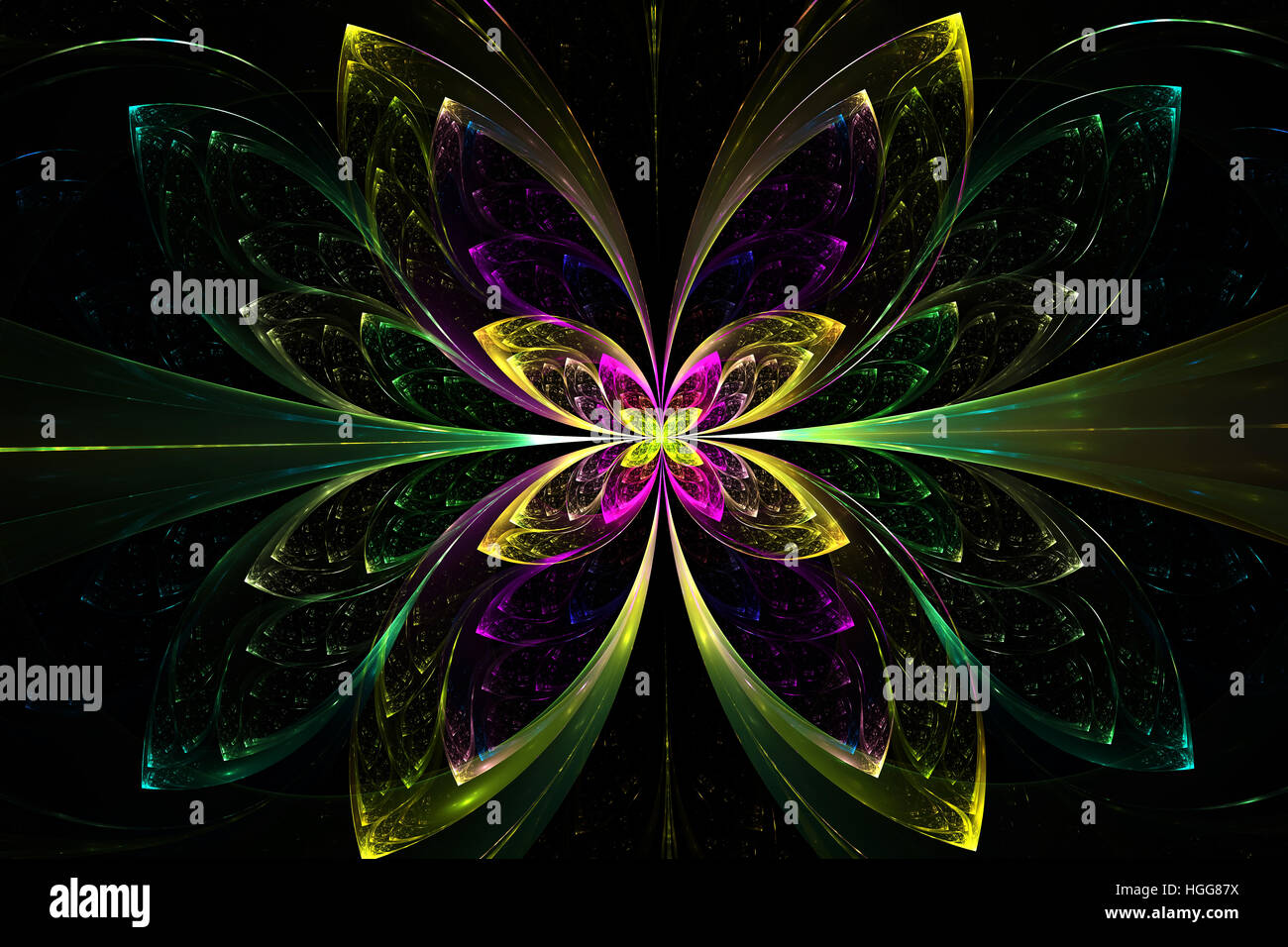 Fleur Fractal sur fond noir. Art fractal pour creative design,flyer couvrir, de l'intérieur, de l'affiche. Banque D'Images