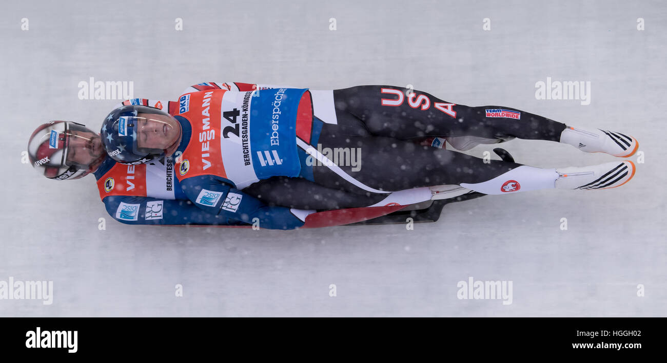 Königssee, Allemagne. 5Th Jan, 2017. Matt Mortensen et Jayson Terdiman des États-Unis en action pendant la Coupe du Monde de luge au bobsleigh, luge et skeleton en piste, Koenigssee Allemagne, 5 janvier 2017. Photo : Sven Hoppe/dpa/Alamy Live News Banque D'Images