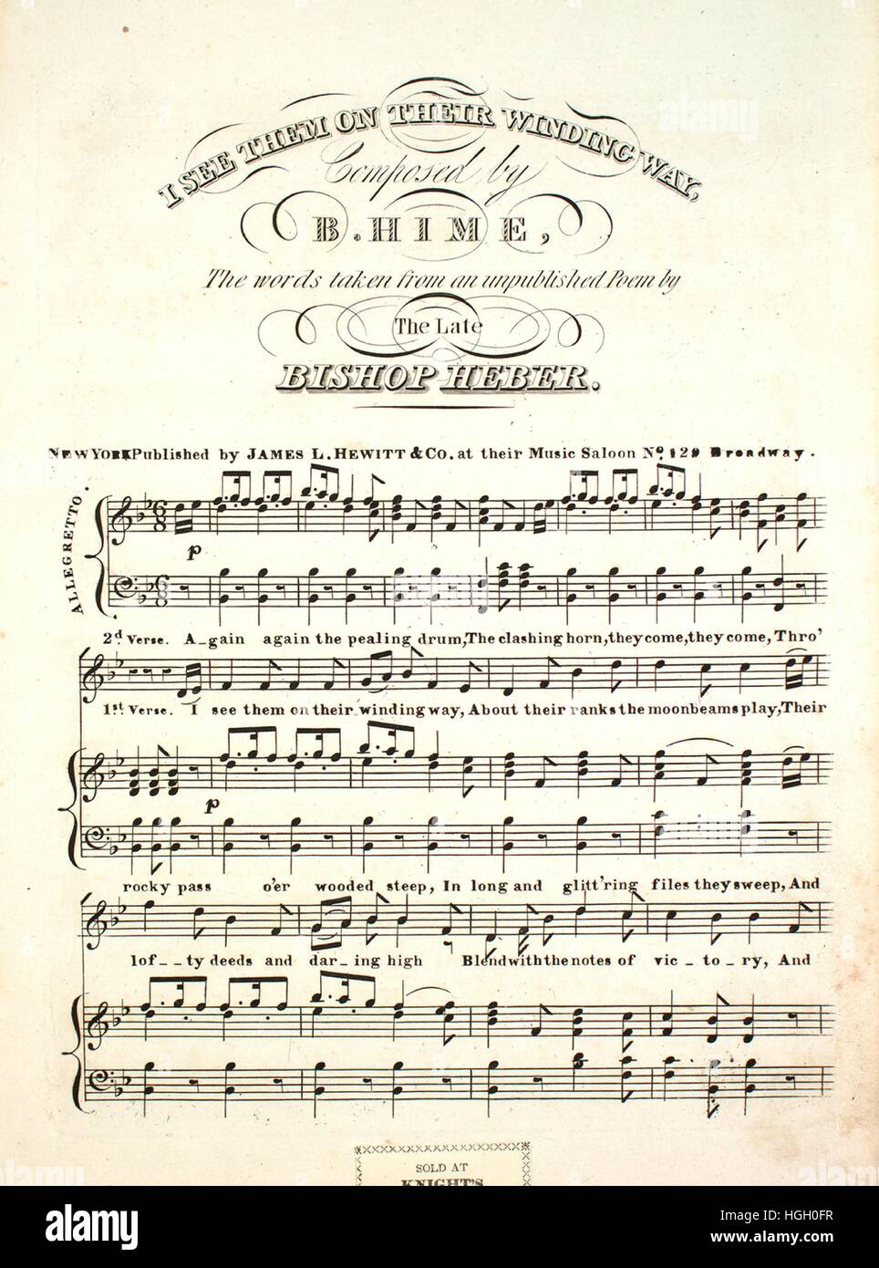 Sheet Music image de couverture de la chanson 'je les vois sur leur chemin sinueux', avec une œuvre originale composée par "Lecture notes B Hime les mots tirés d'un poème inédit par le regretté Mgr Heber', United States, 1900. L'éditeur est répertorié comme "James L. Hewitt et Co., n° 129 Broadway', la forme de la composition est "avec chœur trophique', l'instrumentation est 'piano et voix", la première ligne se lit "Je les vois sur leur chemin sinueux, à propos de leurs rangs la lune play', et l'illustration artiste est répertorié comme 'Aucun'. Banque D'Images