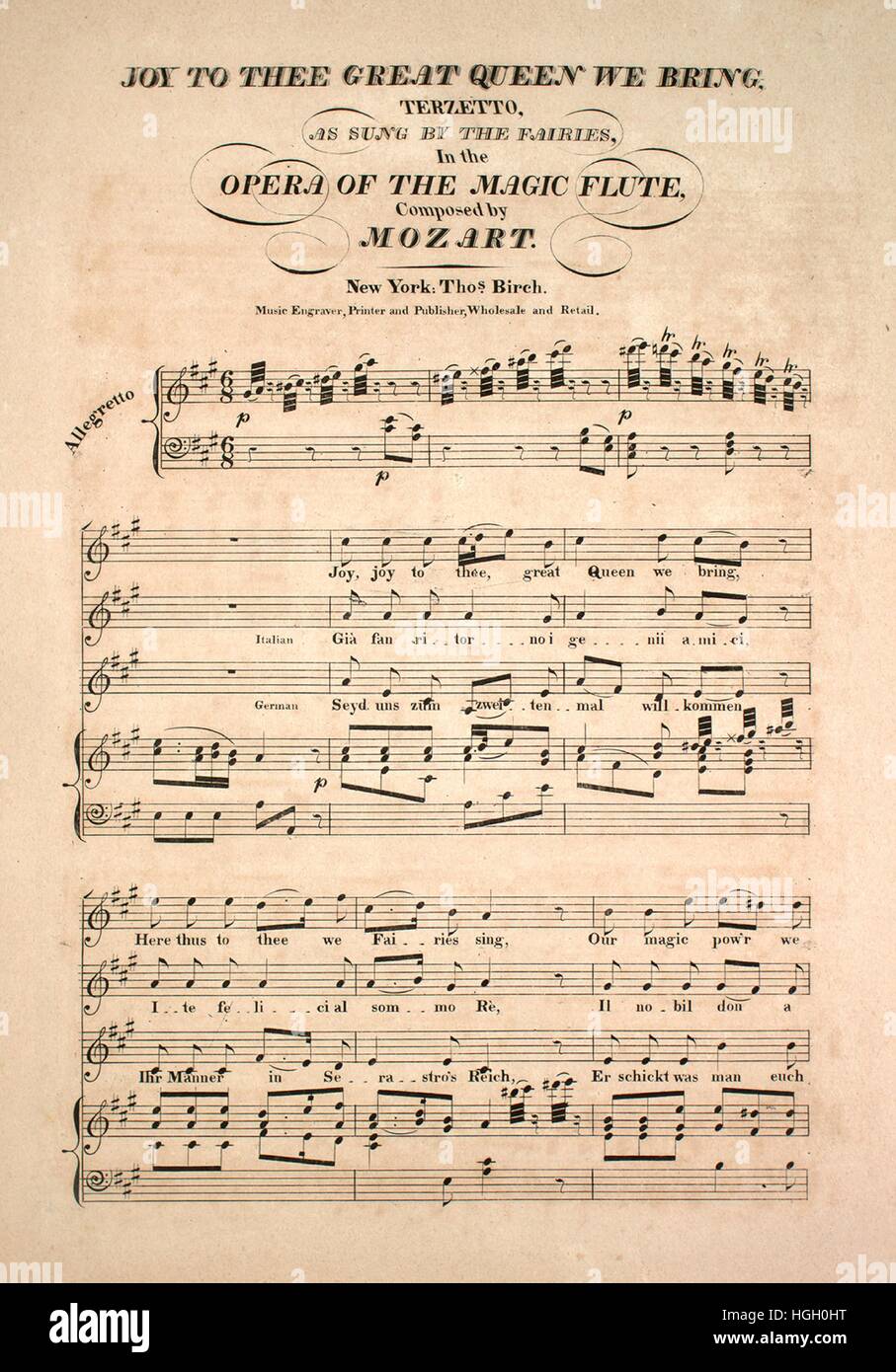 Qui Nous Lit En Copie En Anglais Sheet Music image de couverture de la chanson 'joie à toi grande reine nous  apporter Terzetto [Italien, Allemand et Anglais]', avec l'auteur original  "Lecture notes composées par Mozart', United States, 1900. L'éditeur
