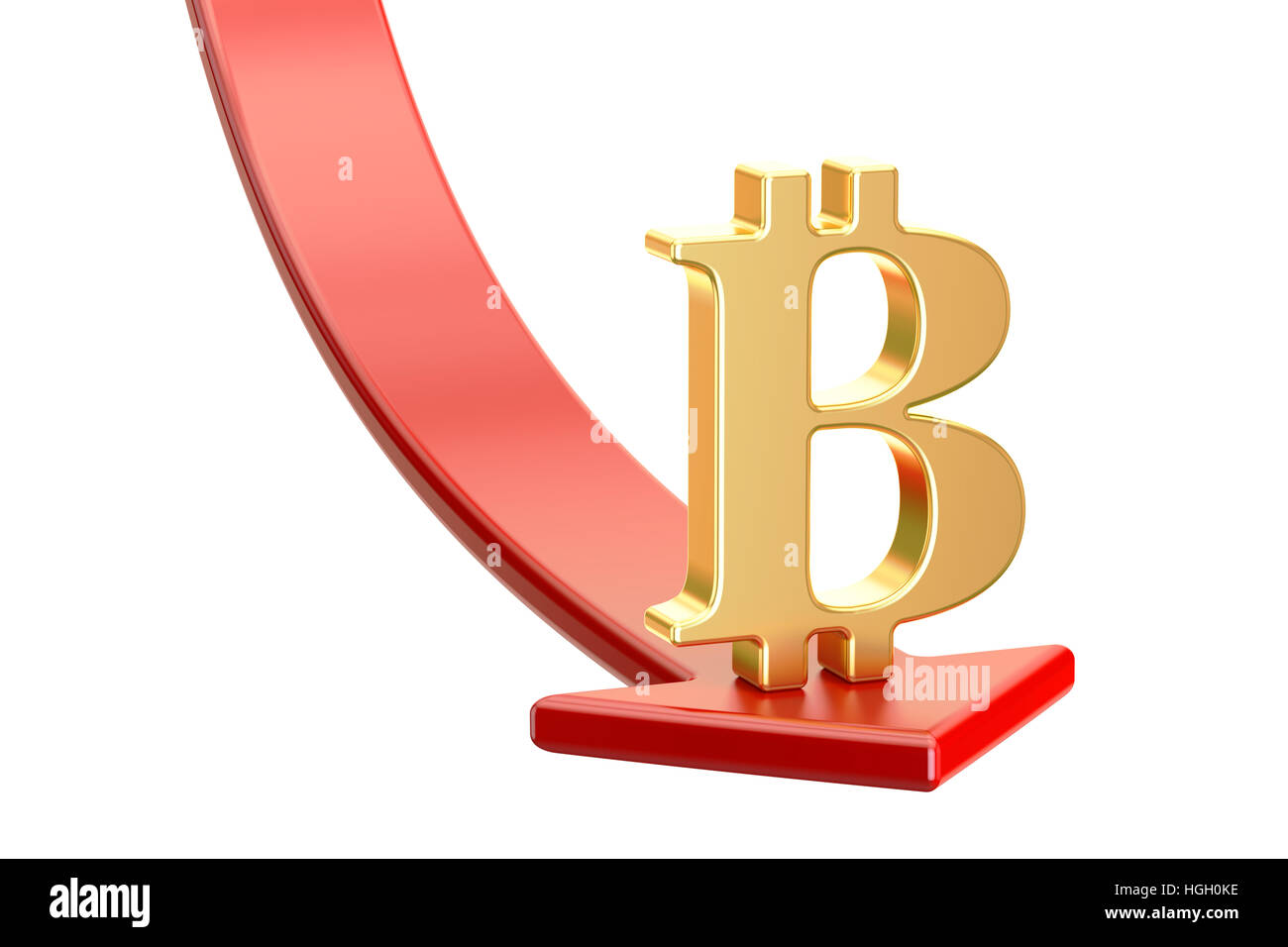 Tomber flèche rouge avec le symbole du concept de crise, bitcoin. Le rendu 3D isolé sur fond blanc Banque D'Images