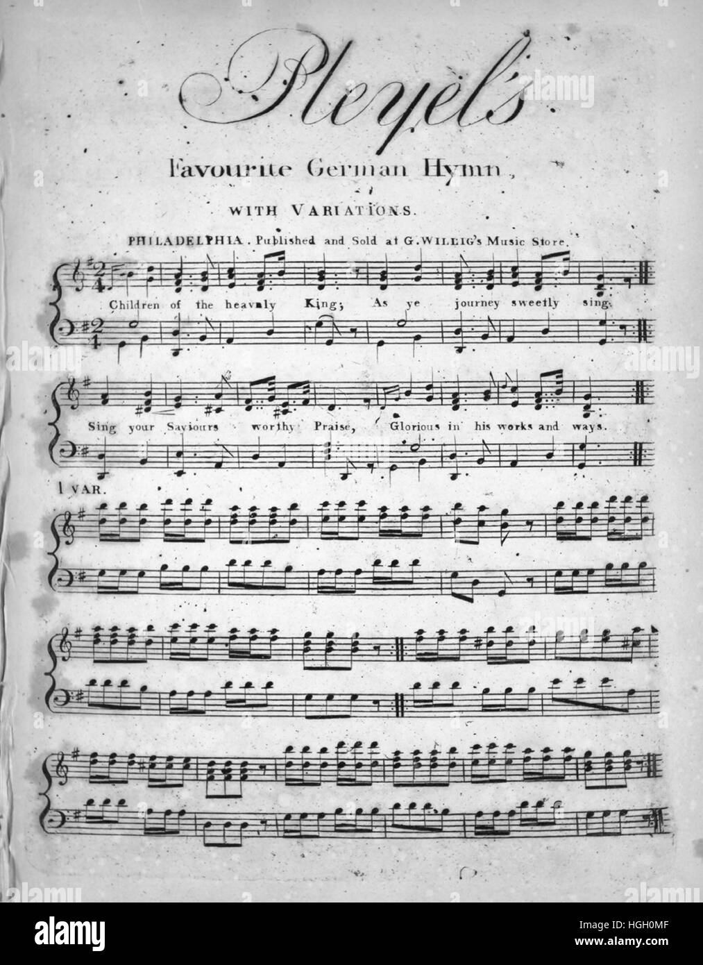 Sheet Music image de couverture de la chanson 'Pleyel's favorite hymne  allemand, avec des variations', avec une œuvre originale lecture notes  '[Pleyel]', United States, 1900. L'éditeur est répertorié comme "G.  Willig's Music