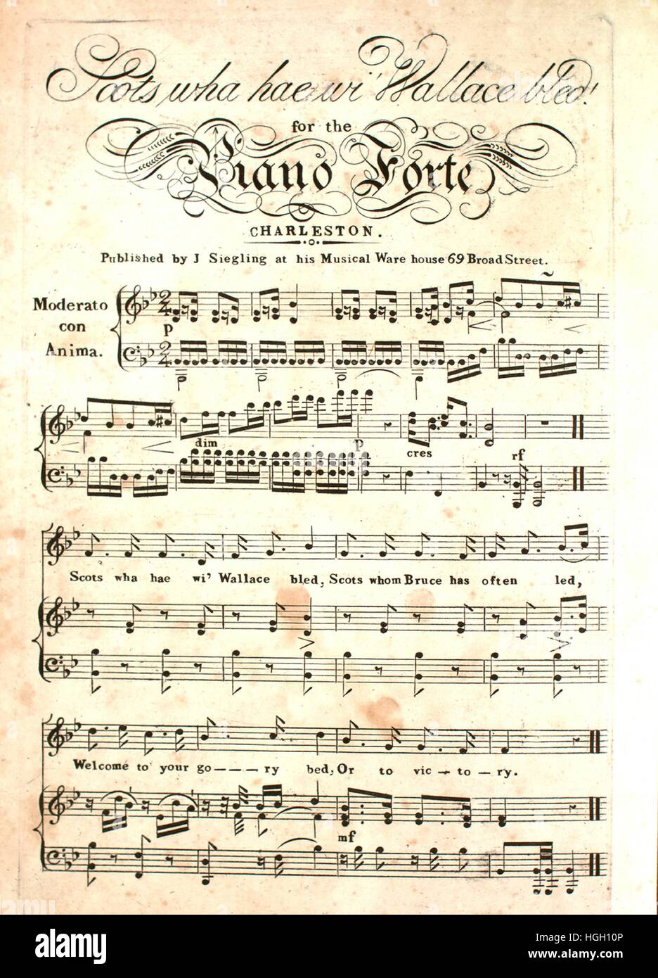 Image de couverture partitions de la chanson 'Scots Wha Hae Wi' Wallace Bled  ! Pour le Piano Forte", avec la lecture de notes de l'auteur original 'na',  1900. L'éditeur est répertorié comme "