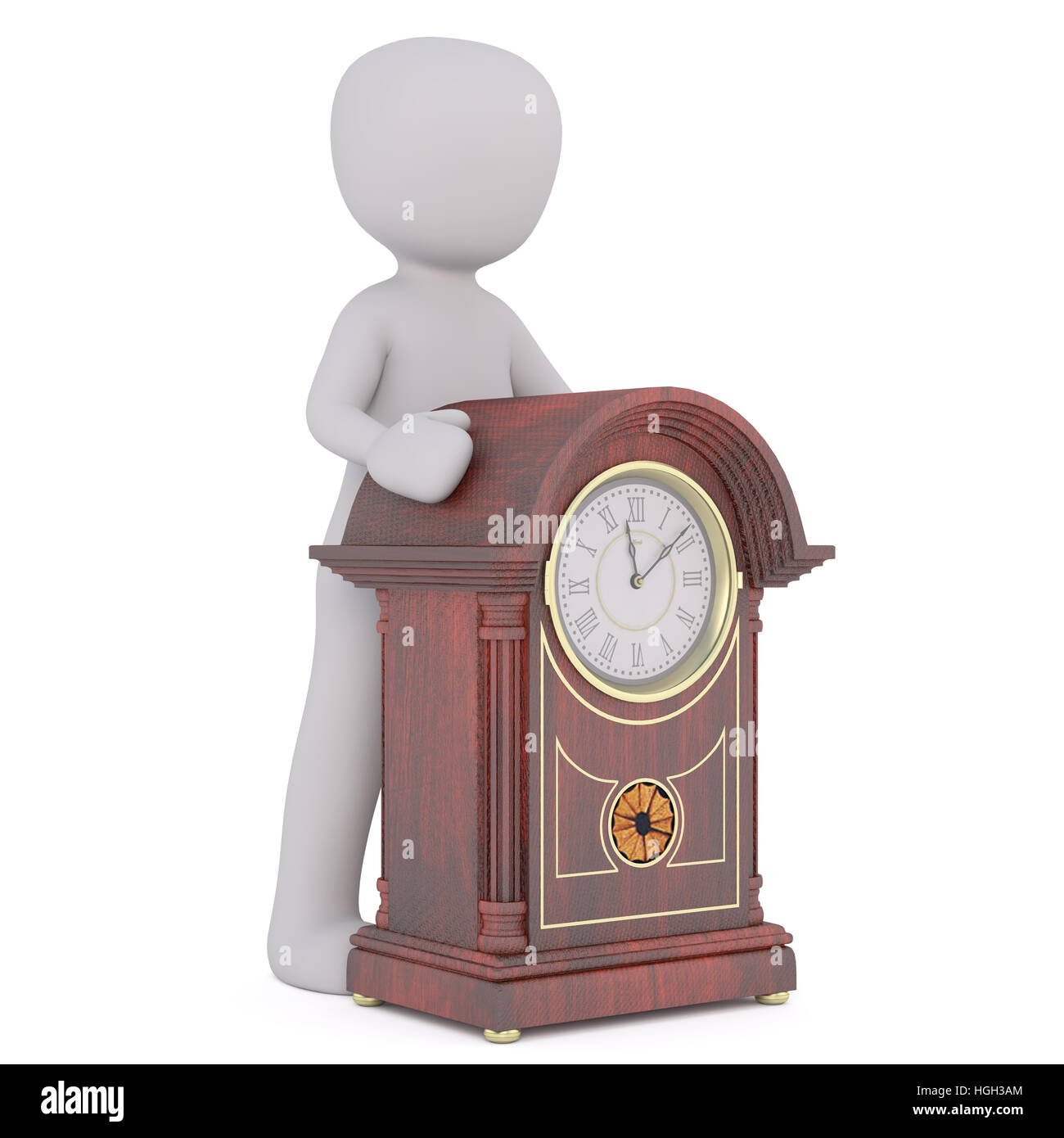 Peu de dessins animés sans visage homme debout derrière l'horloge en bois anciens de rendu 3D Banque D'Images