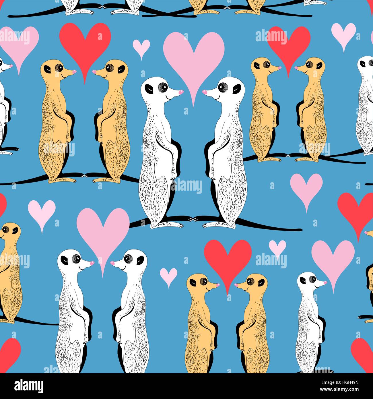 Drôle de motif transparent meerkat lovers sur fond bleu Illustration de Vecteur