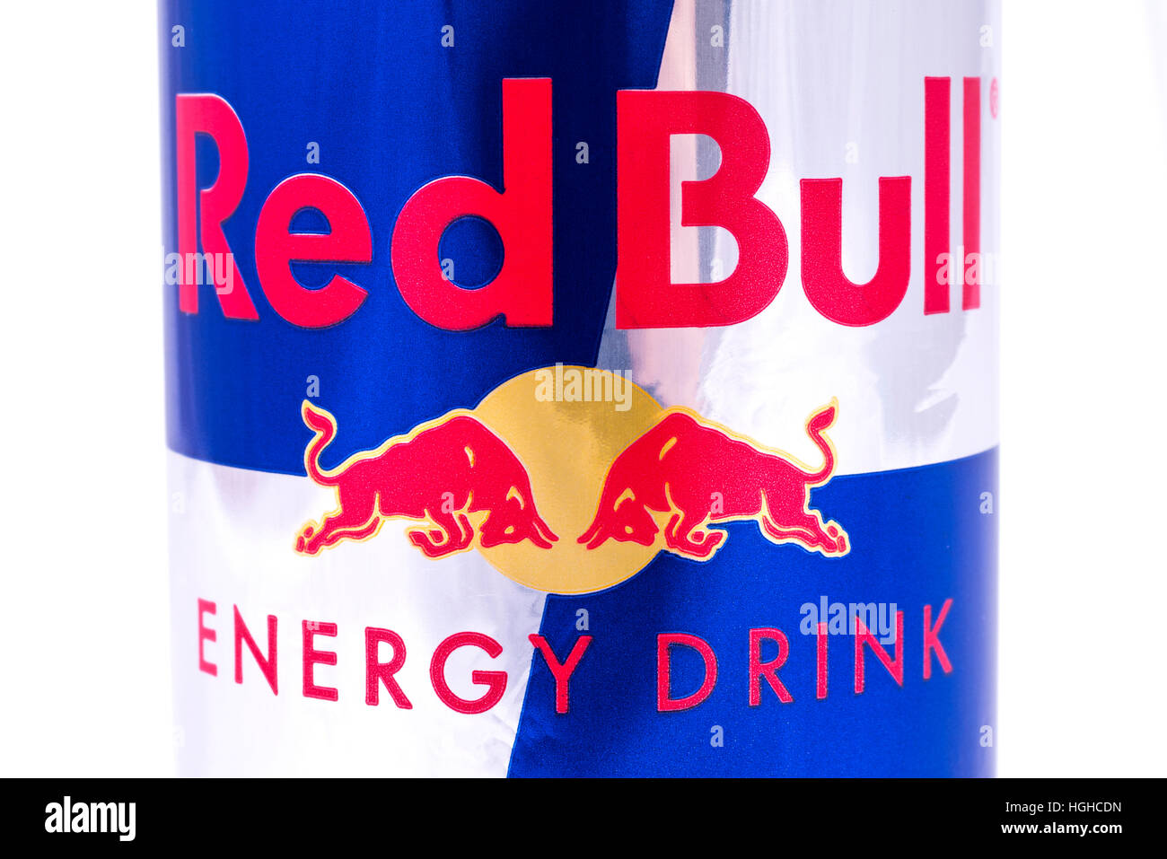 Londres, UK - 4 janvier 2017 : un gros plan de la marque Red Bull sur un peut de sa boisson énergétique, le 4 janvier 2017. Banque D'Images