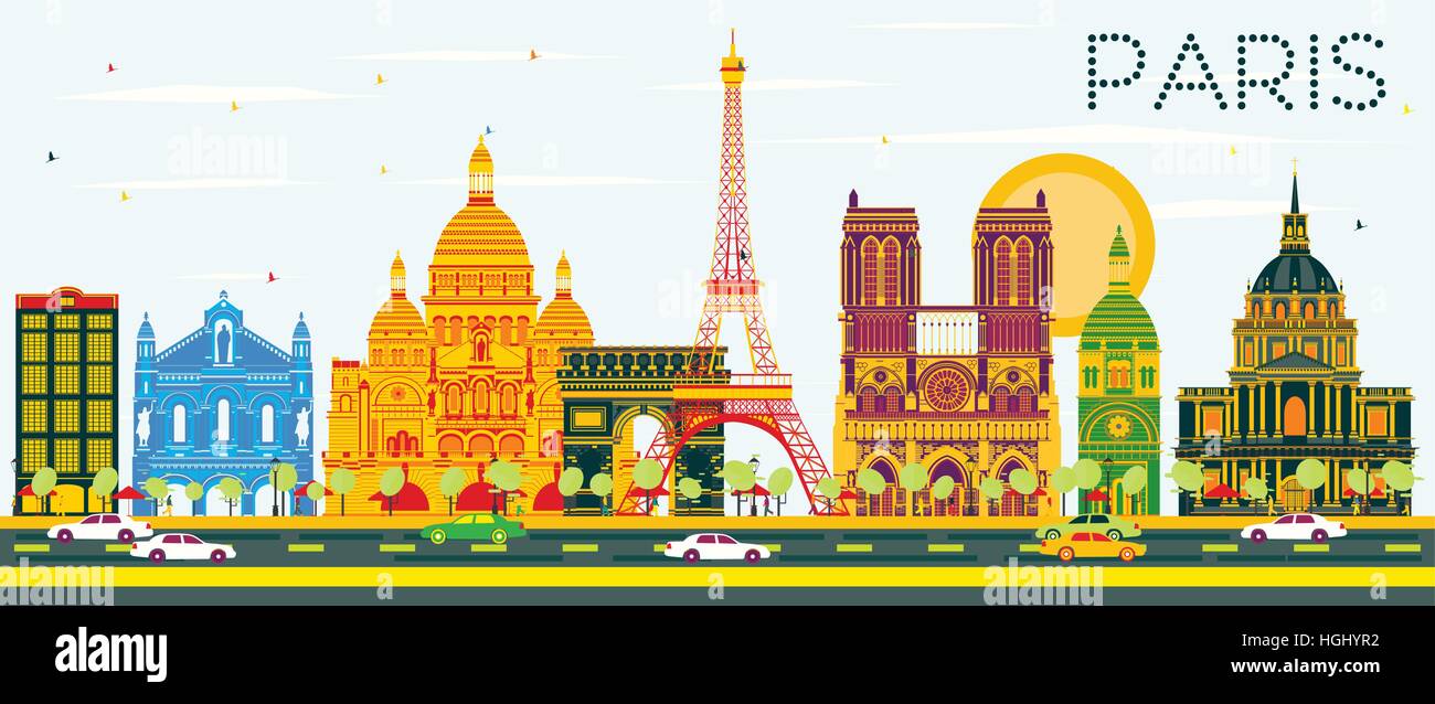 Toits de Paris avec la couleur des bâtiments et ciel bleu. Vector Illustration. Les voyages d'affaires et tourisme Concept avec l'architecture historique. Illustration de Vecteur