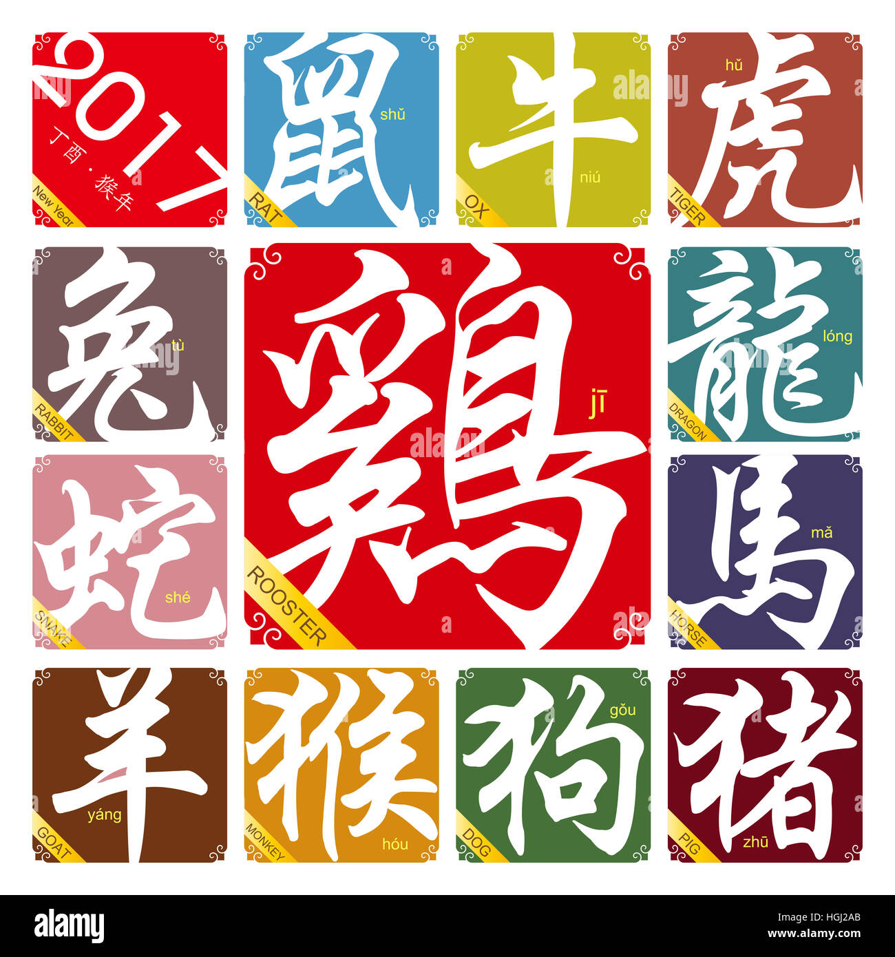 Les signes du zodiaque chinois avec l'année du coq en 2017 Banque D'Images