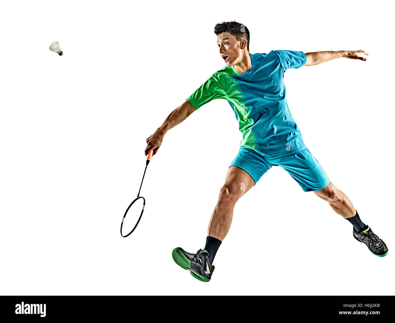 Un joueur de badminton asiatique homme isolé sur fond blanc Banque D'Images