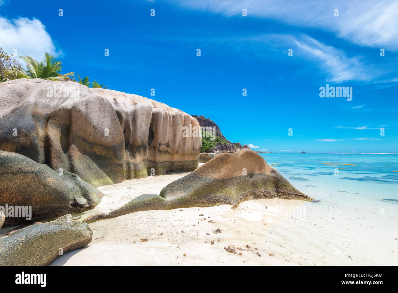 Les roches de granit magnifique sur l'île de La Digue, aux Seychelles. Banque D'Images