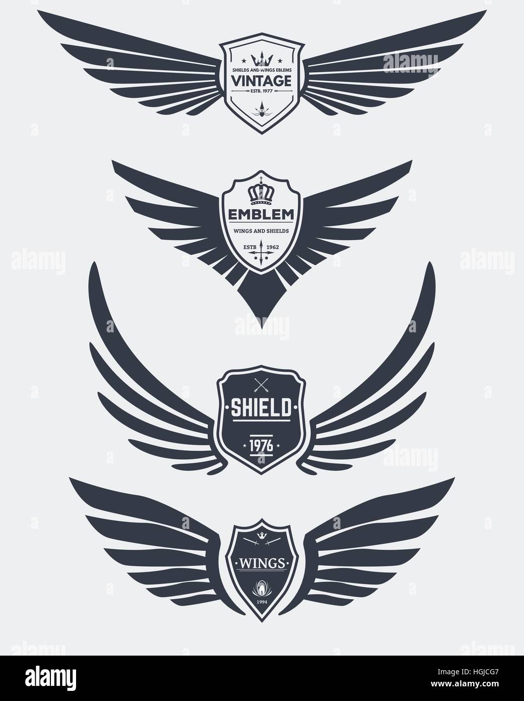 Set de inked ailes modernes et des boucliers et des icônes pour les logos, emblèmes blason de signes ou d'autres matériaux ou d'impression graphique. Illustration de Vecteur