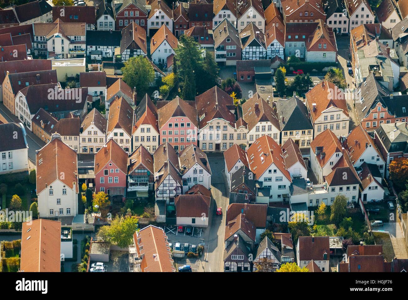 Vue aérienne, vue d'ensemble de la ville historique de Warendorf, rues historiques et Brünebrede East Road, vue aérienne de Warendorf, Banque D'Images