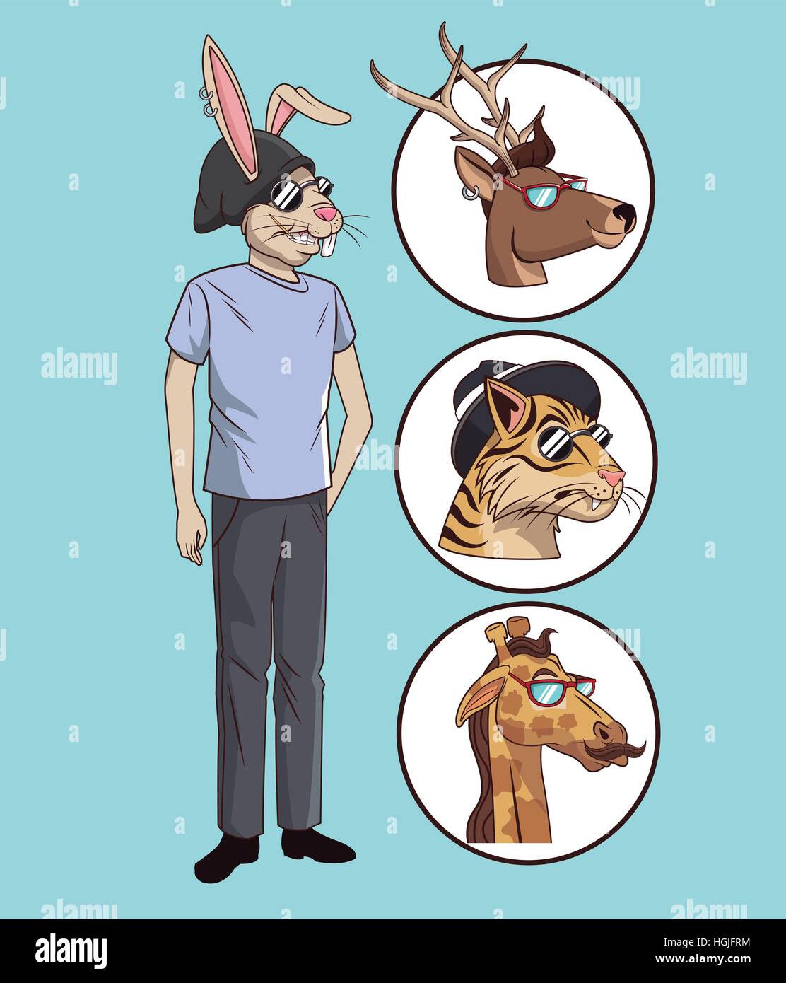 Style hipster lapin habillé décontracté avec des icônes d'animaux Illustration de Vecteur