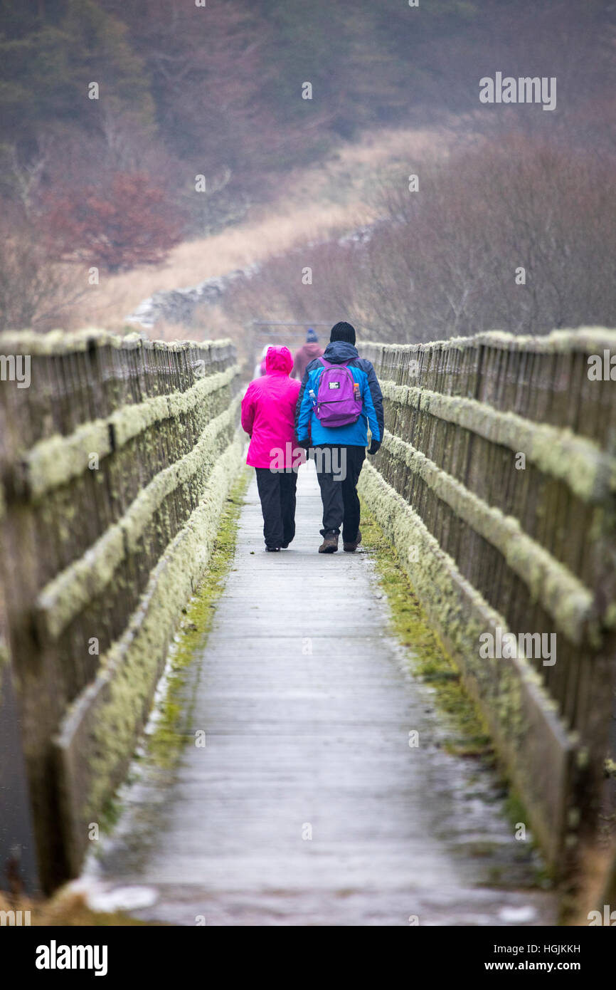 Pays de Galles, Royaume-Uni 22 janvier 2017, le froid et les averses de neige dans certaines parties du pays de Galles d'aujourd'hui. Un couple bravant le froid autour du réservoir d'Alwen à Conwy County © DGDImages/Alamy Live News Banque D'Images