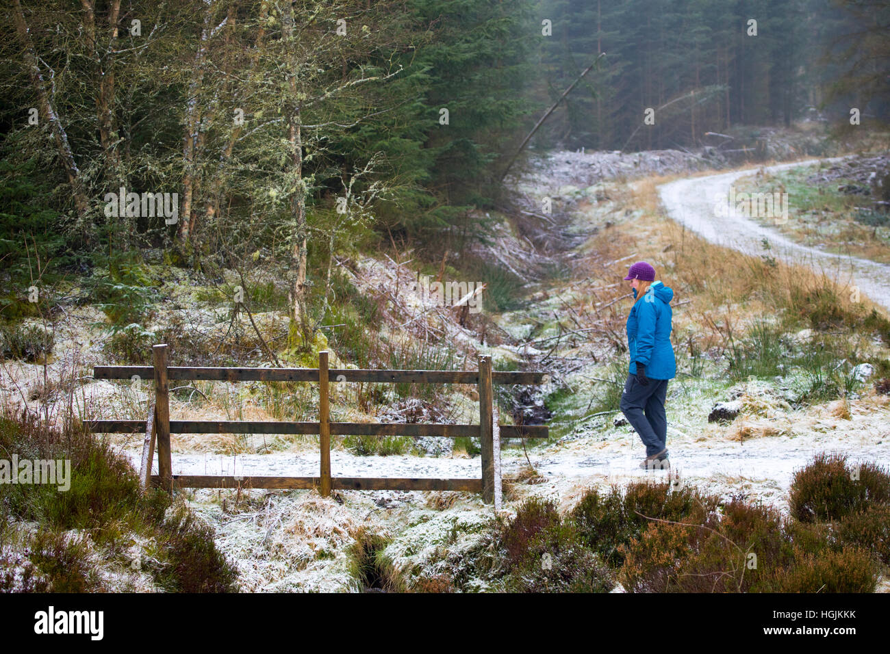 Une marchette bravant le froid et les averses de neige à Alwen réservoir dans le comté de Conwy Banque D'Images