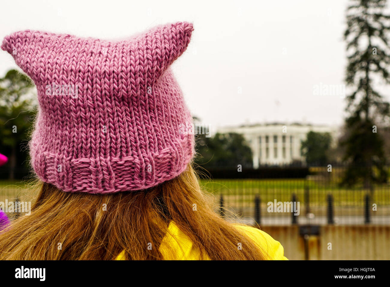 Washington, DC, USA. 21 Jan, 2017. Une femme dans une chatte rose hat se trouve à l'extérieur de la Maison blanche au cours de la Marche des femmes sur Washington à Washington, DC. Les foules ont assisté à la manifestation anti-Trump le jour d'après le président américain Donald Trump a été swor Banque D'Images