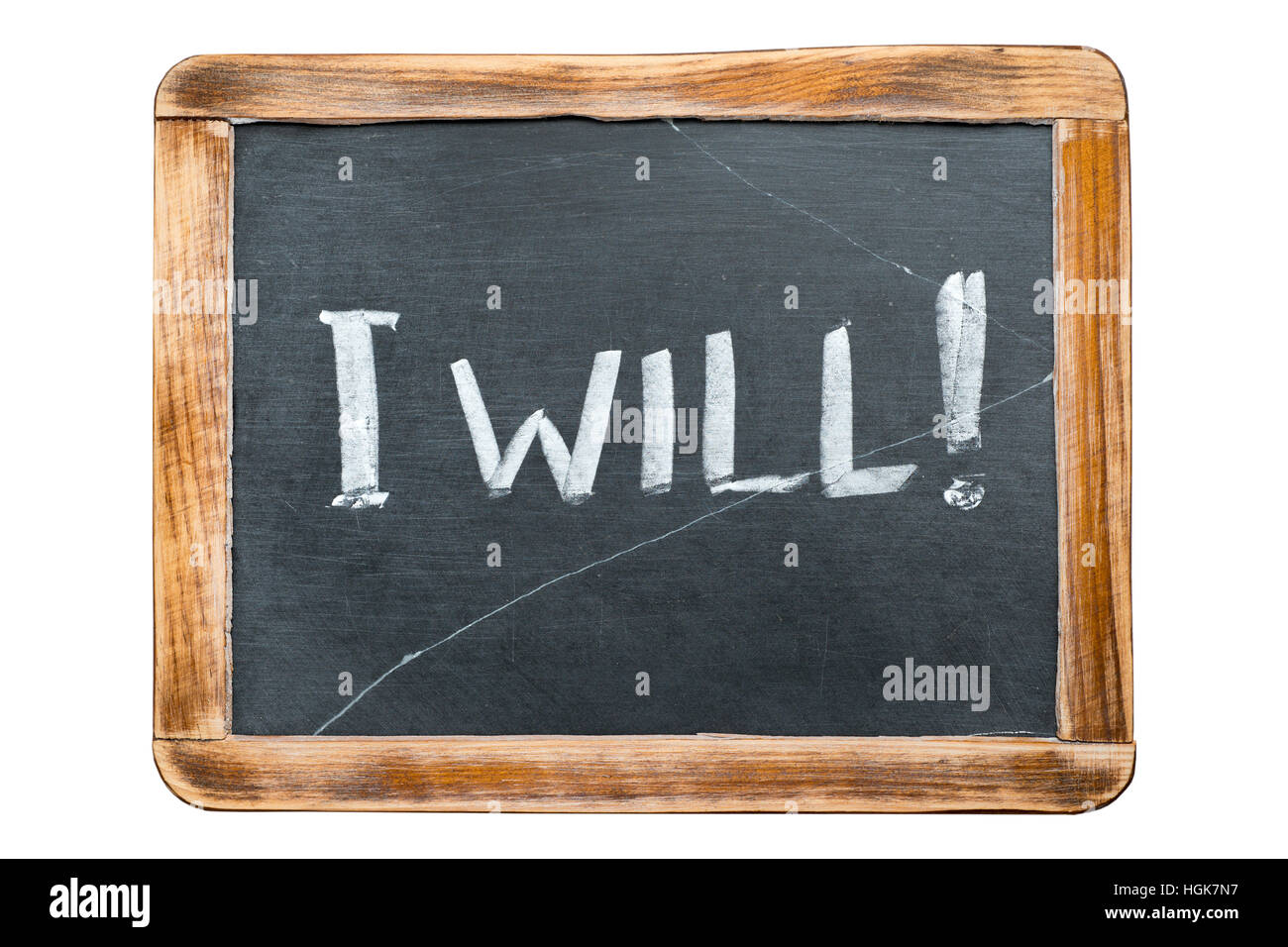 Je vais à la main sur l'école d'exclamation vintage plaque en ardoise isolated on white Banque D'Images