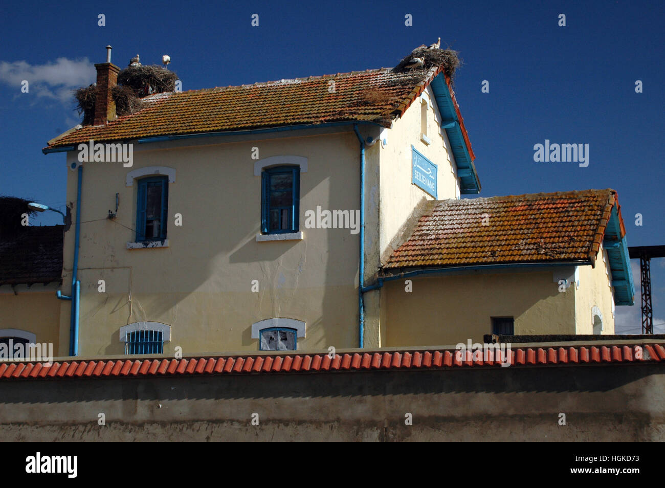 Les cigognes nichant sur un bâtiment, la gare de Sedjenane, Sedjenane, Tunisie Banque D'Images