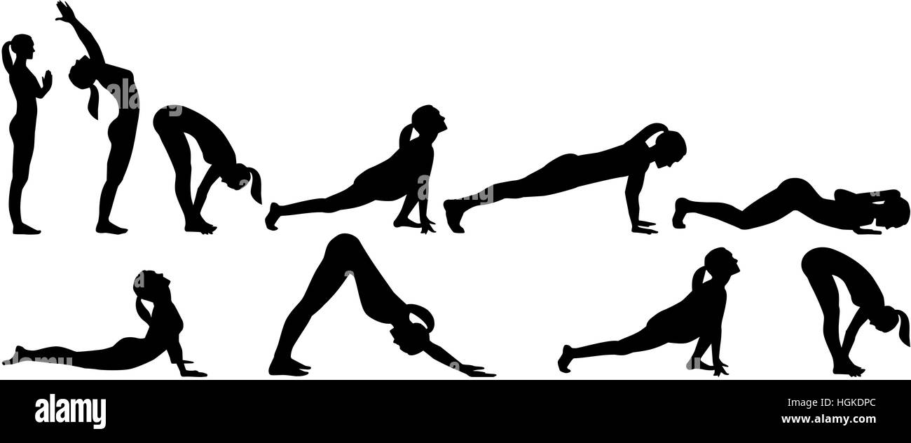 Soleil yoga Yoga - tous les postes en deux rangées Banque D'Images