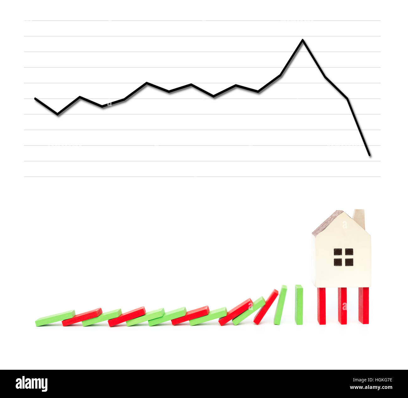 Sur la chute de dominos avec la chute d'un tableau à l'arrière-plan comme un concept financier Banque D'Images