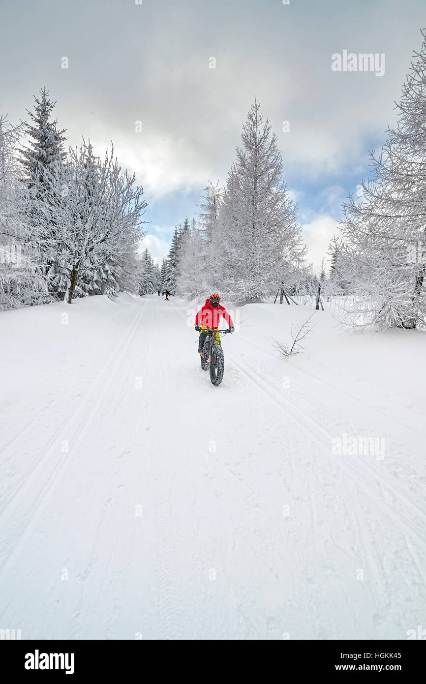 Jakuszyce, Pologne - janvier 06, 2017 : vélo de montagne équitation en descente sur la neige en hiver. Banque D'Images