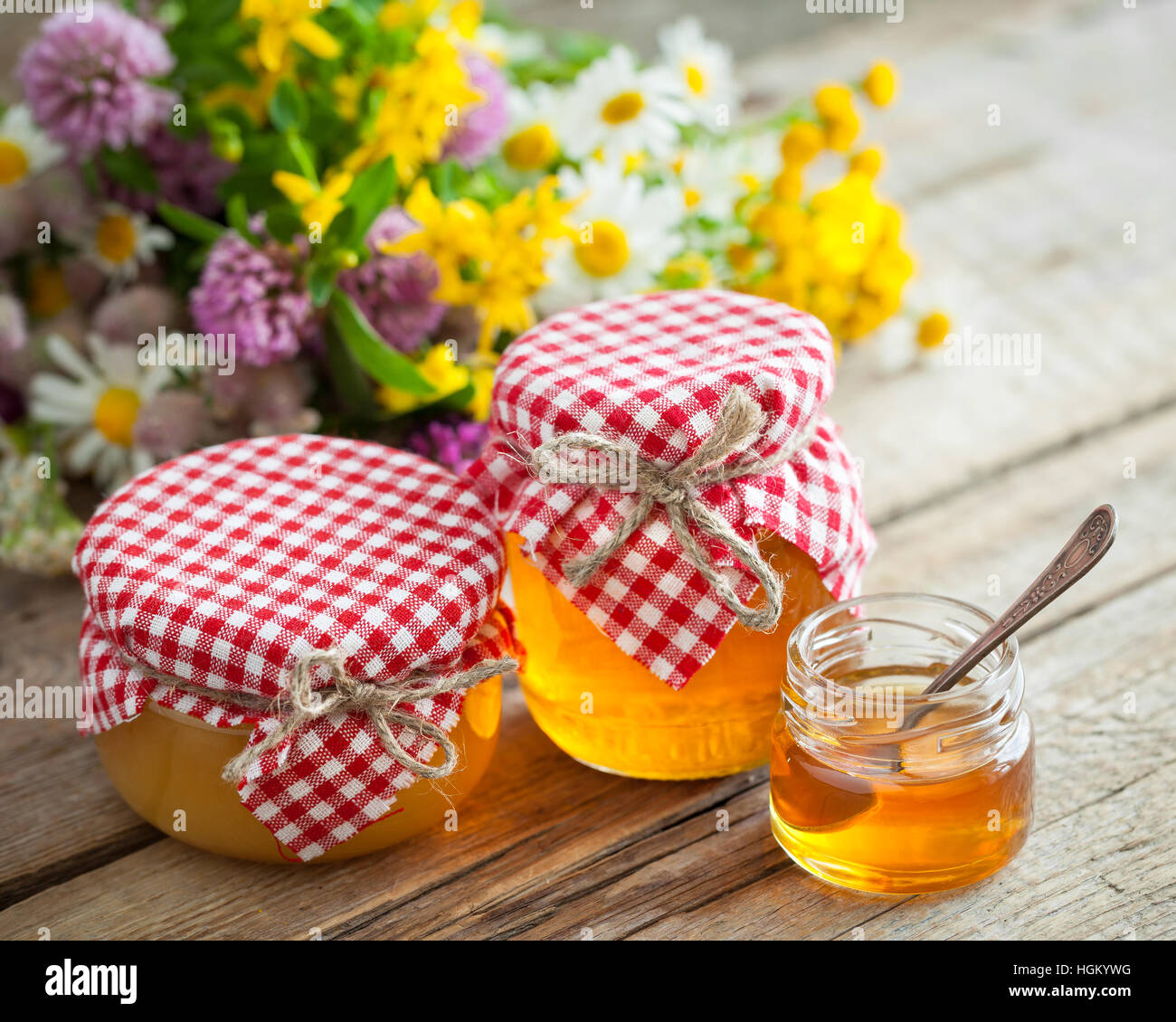 Pots de miel et herbes curatives. Phytothérapie et nutraceutiques. Banque D'Images