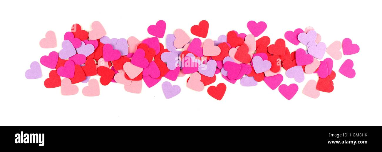 Valentines Day frontière de coeurs en papier colorés sur fond blanc Banque D'Images
