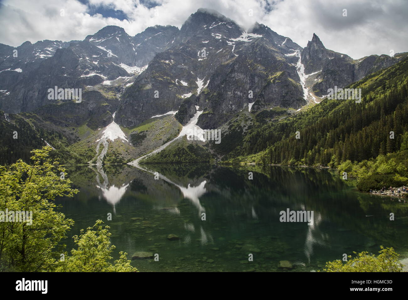 Morskie Oko ; lac glaciaire entourée par la forêt dans les Hautes Tatras, Pologne Banque D'Images
