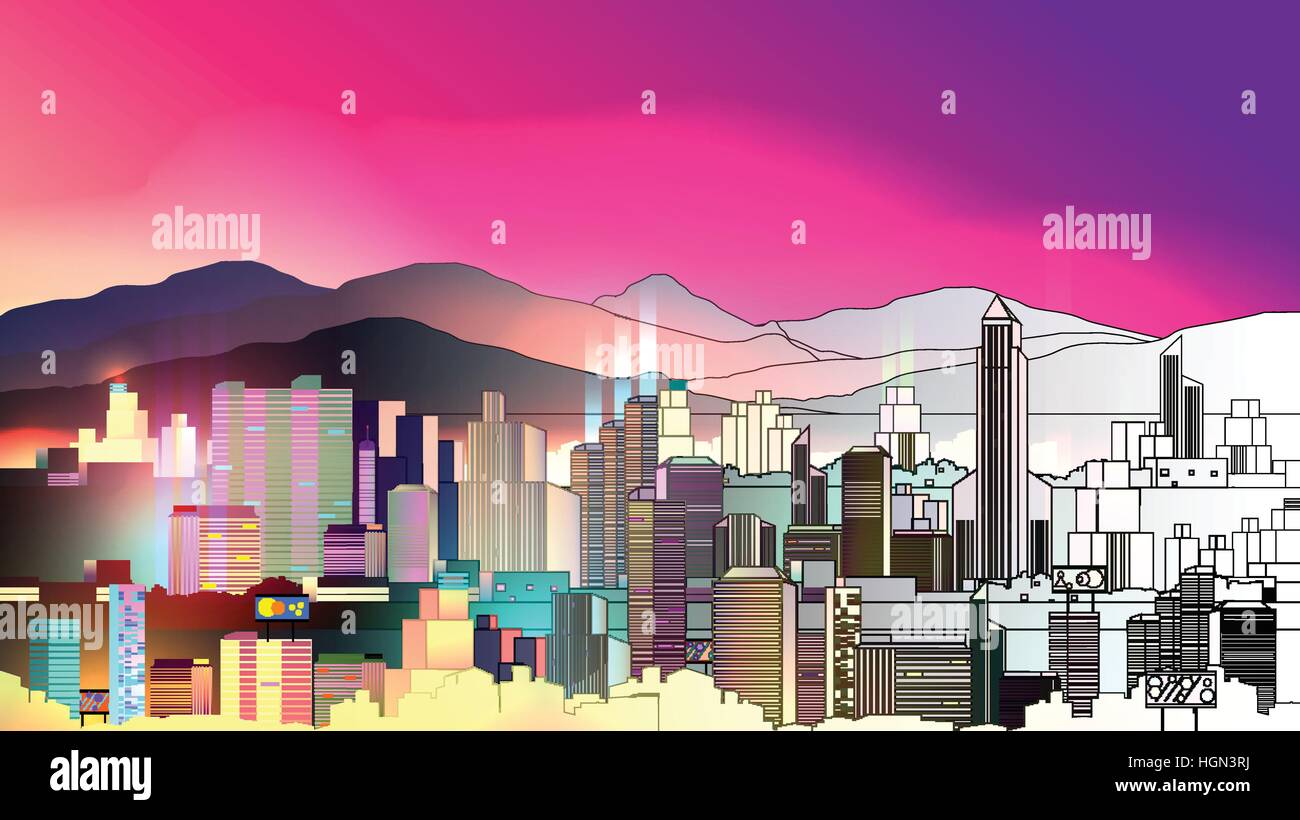 La ville nocturne animée avec Neon Glow en Art en ligne - Vector Illustration Illustration de Vecteur