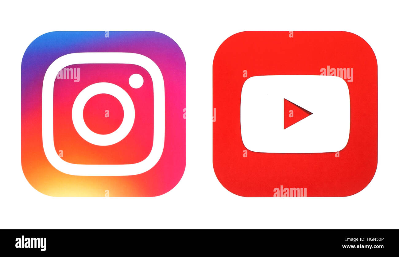 Kiev, Ukraine - 25 juillet, 2016 Instagram : nouveau logo et icône Youtube imprimés sur papier blanc Banque D'Images