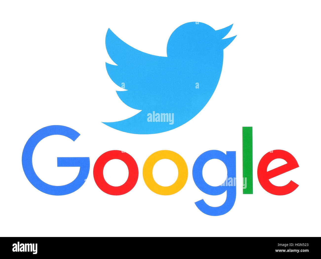 Kiev, Ukraine - le 27 septembre 2016 : Collection de médias sociaux populaires logos imprimés sur du papier : Twitter et Google Banque D'Images