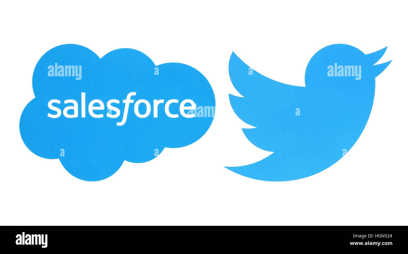 Kiev, Ukraine - le 27 septembre 2016 : Collection de médias sociaux populaires logos imprimés sur du papier : Twitter et Salesforce Banque D'Images