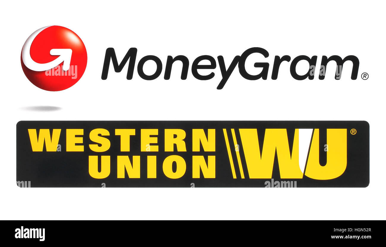 Kiev, Ukraine - le 12 octobre, 2016 Collection : système de transfert d'argent populaire de logos imprimés sur papier blanc : Western Union et Moneygram Banque D'Images
