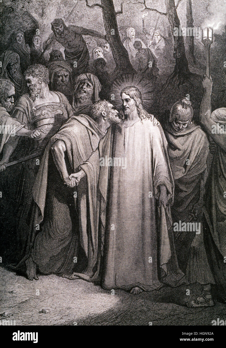 Le baiser de Judas dans le jardin de Gethsémané par Gustave Dore 1800 Banque D'Images