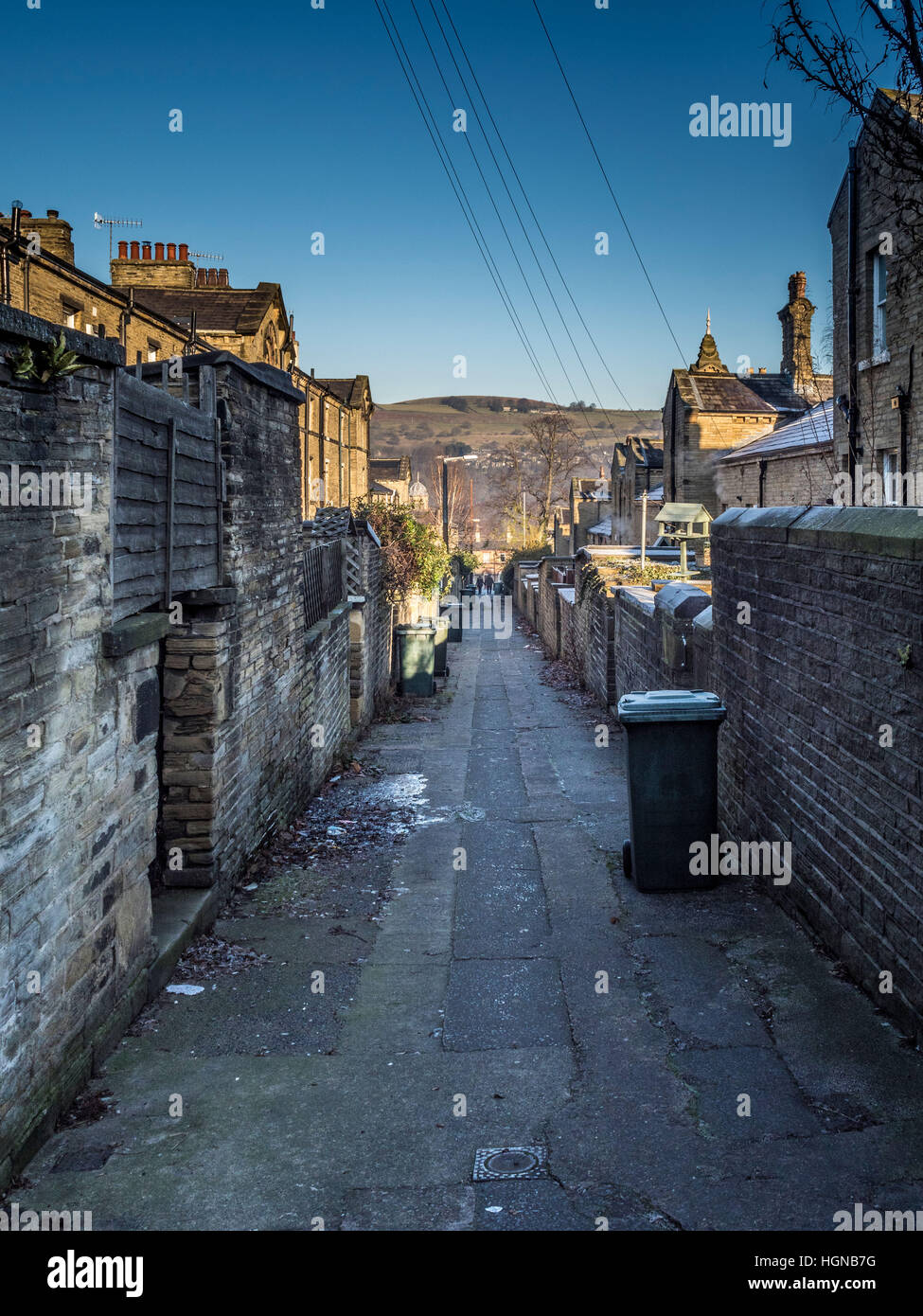 Ruelle entre les maisons, Saltaire, West Yorkshire, Royaume-Uni. Banque D'Images