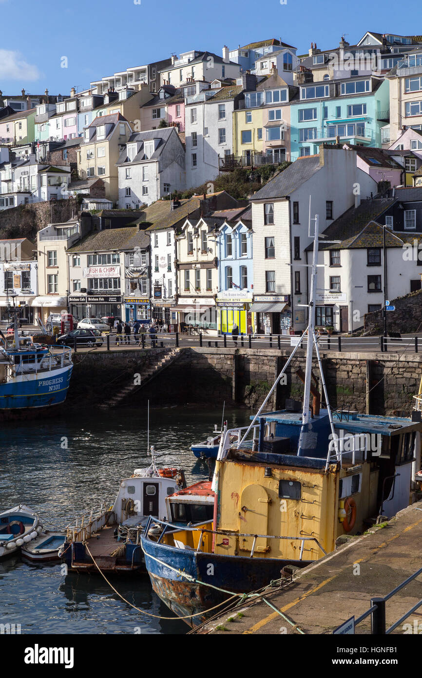 Brixham, chalutier, pêche, pêche,flotte, anglais, bateau, haven, ondulations, vue, jour, cordes, attraction, ensoleillée, mâts, touristiques, tran Banque D'Images