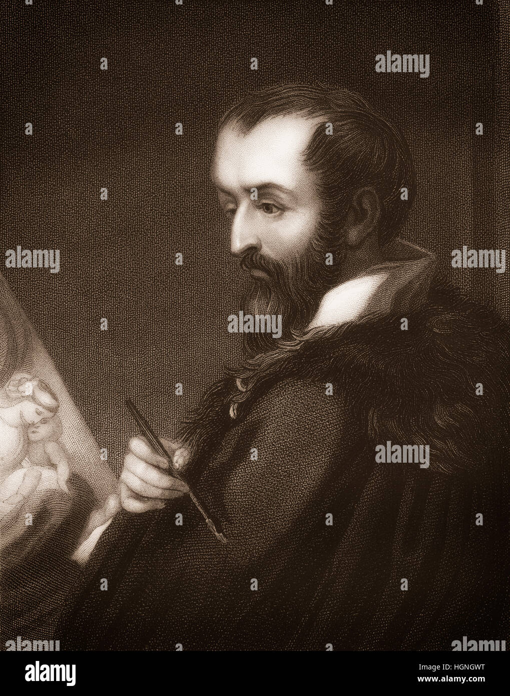 Gravure sur acier, c. 1860, portrait de Simon Vouet ou Antonio Allegri, 1494 - 1534, un peintre italien Banque D'Images