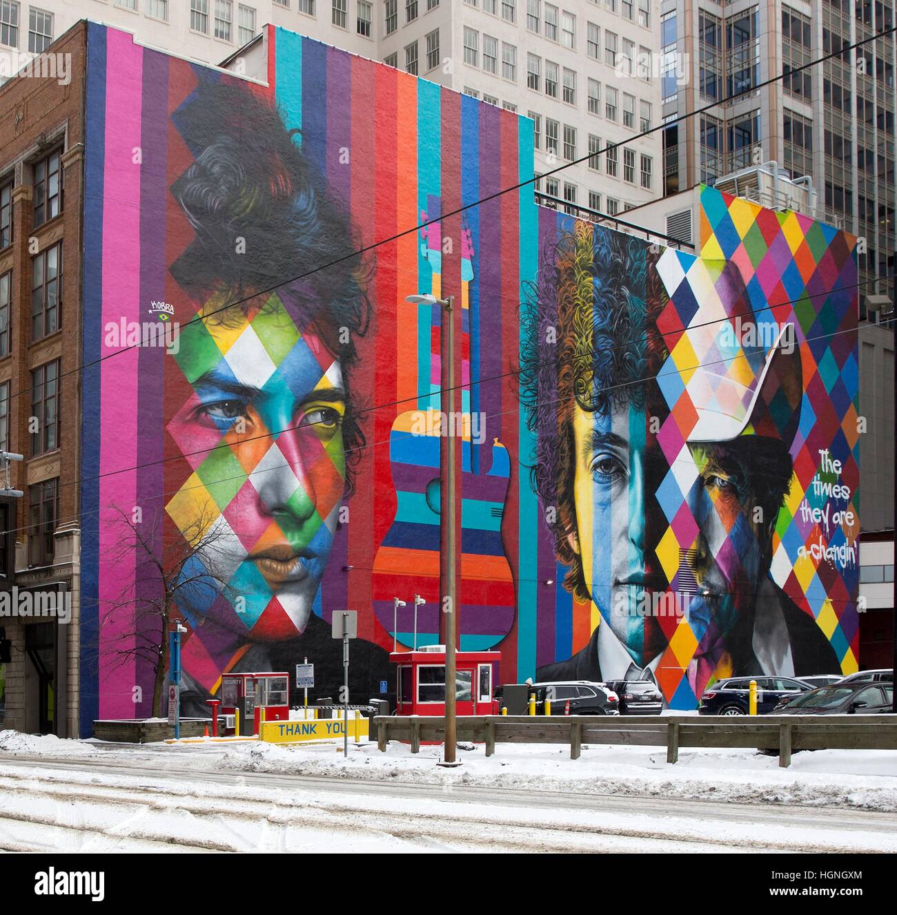 Fresque de Bob Dylan de l'artiste brésilien Eduardo Kobra au centre-ville de Minneapolis, Minnesota Banque D'Images