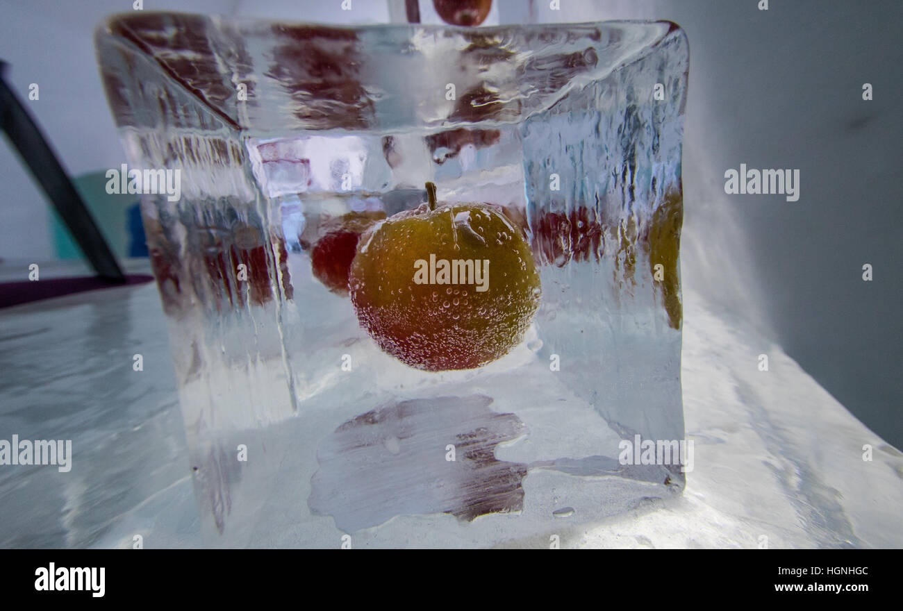 Apple flottant dans un cube de glace à l'hôtel de glace Banque D'Images