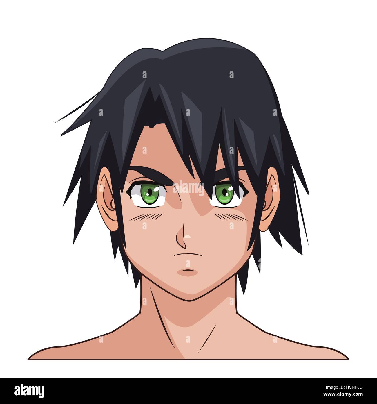 Portrait visage manga anime homme cheveux noirs yeux verts Image  Vectorielle Stock - Alamy